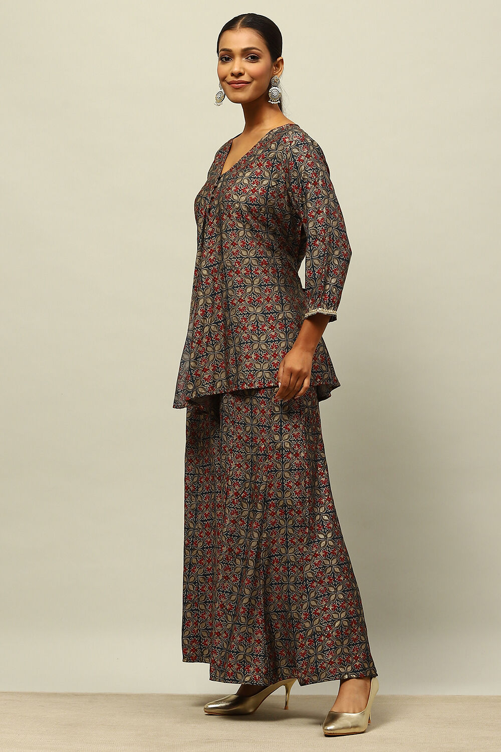 Blue Viscose Blend A-Line Printed Kurta Palazzo Suit Set image number 3