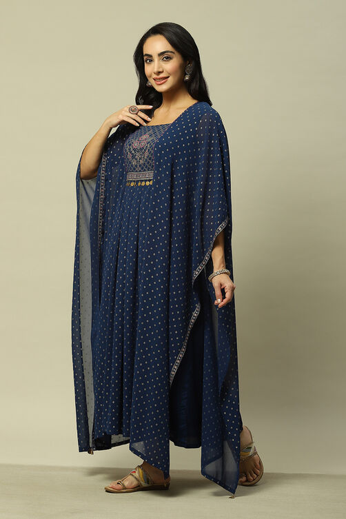 Navy Blue Polyester Straight Printed Kaftan image number 2