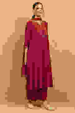 Red Viscose Blend Embroidered Flared Suit Set image number 5