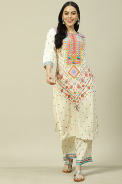 White LIVA Blend Woven Straight Kurta Suit Set image number 0