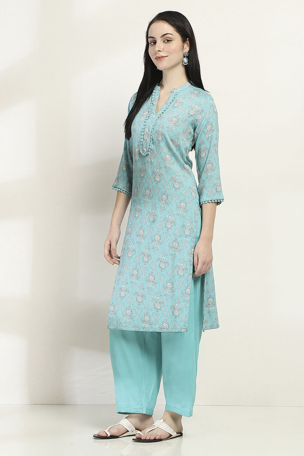 Yellow Printed Straight Kurta Set image number 3