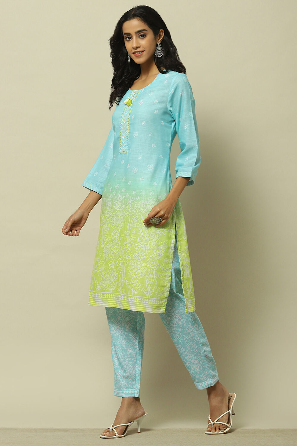 Aqua Blue Green Ombre Printed Straight Kurta Set image number 3