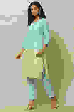 Aqua Blue Green Ombre Printed Straight Kurta Set image number 3