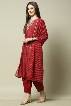 Deep Red Bandhani Straight Kurta & Salwar Suit Set image number 4