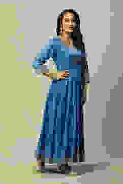 Blue LIVA Flared Printed Dress image number 4