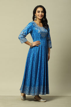 Blue LIVA Flared Printed Dress image number 4