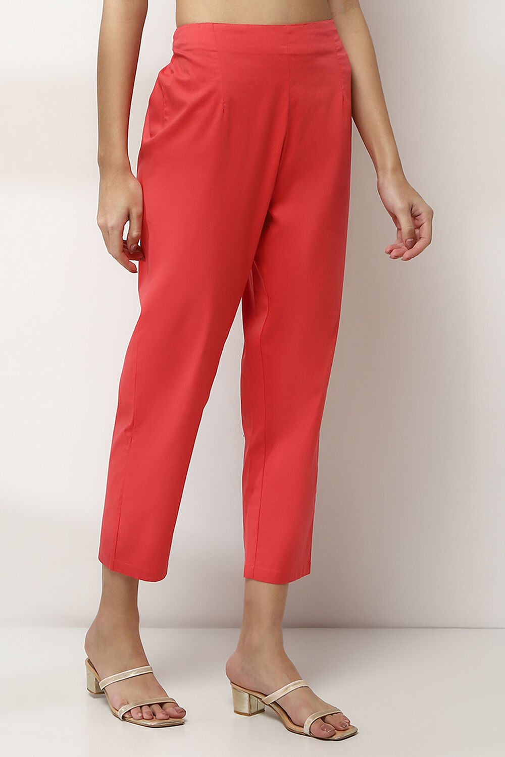 Coral Cotton Lycra Solid Regular Pants image number 3