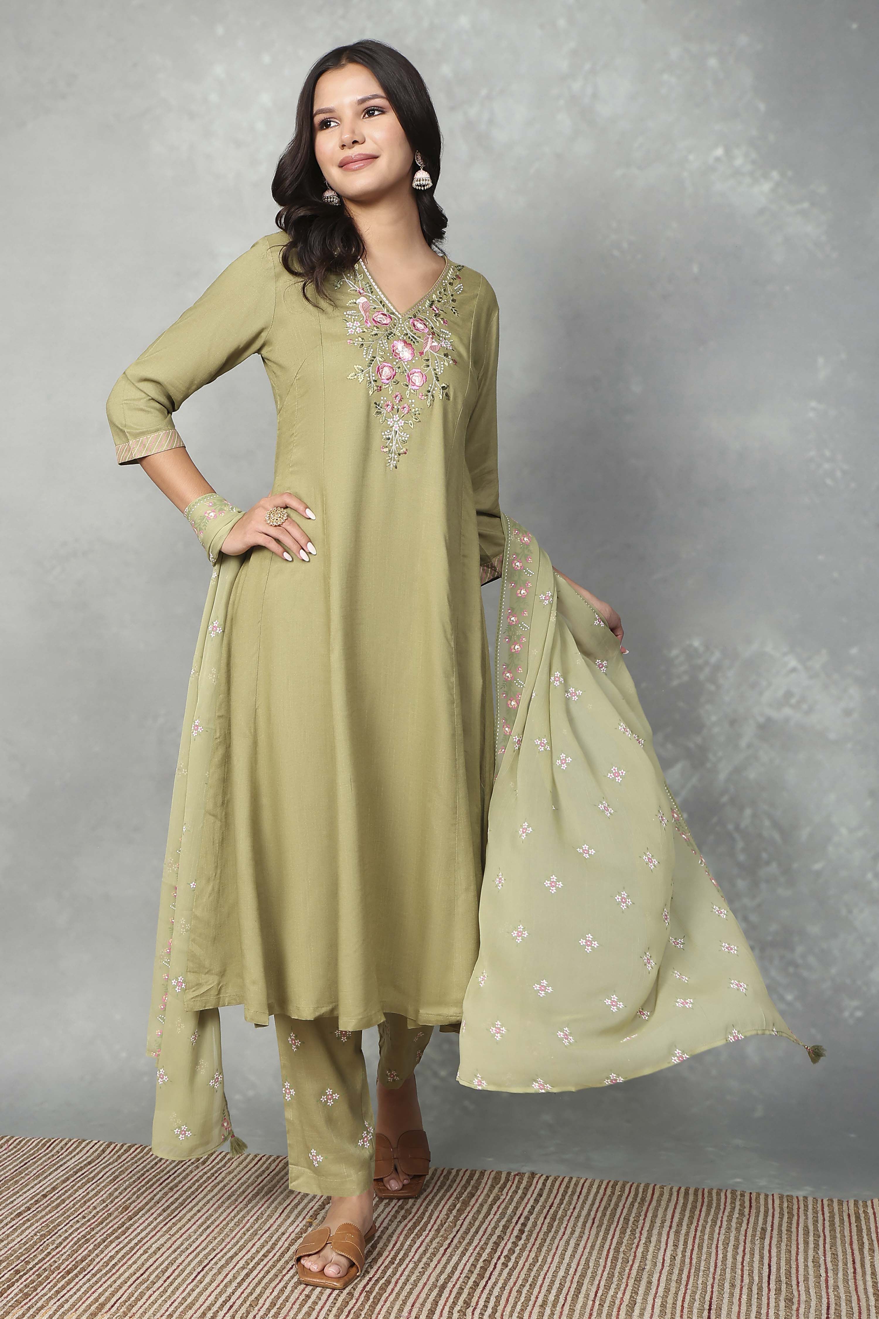 Sage Green Embroidered Kalidar Suit Set image number 0