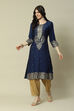 Navy Blue LIVA Blend Straight Printed Kurta image number 2