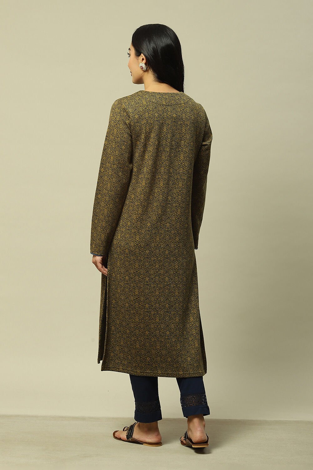 Olive Cotton Blend Straight Printed Kurta image number 3