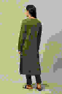 Olive Cotton Blend Straight Printed Kurta image number 3