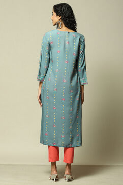 Teal Blue LIVA Straight Printed Kurta image number 3