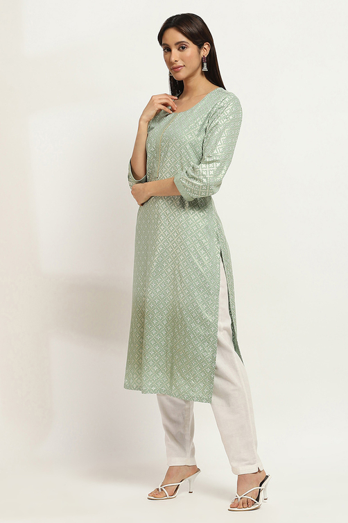 Peach-Colored Printed Straight Kurta image number 2