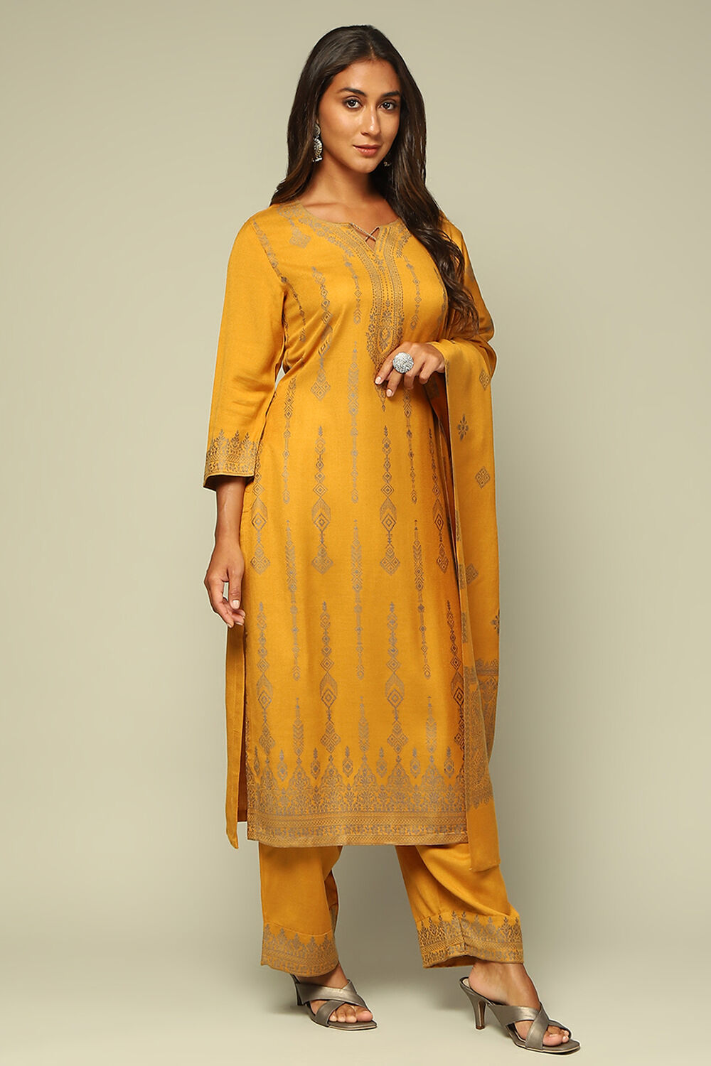 Mustard Acrylic A-Line Yarn Dyed Kurta Palazzo Suit Set image number 5