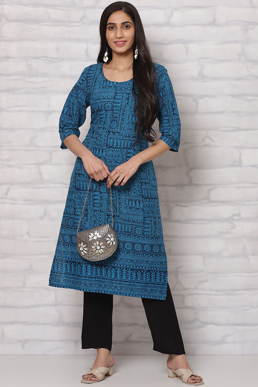 Indigo Cotton Straight Kurta image number 5