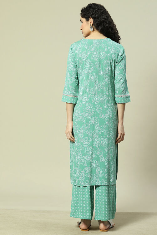 Green LIVA Woven Straight Kurta Suit Set image number 4