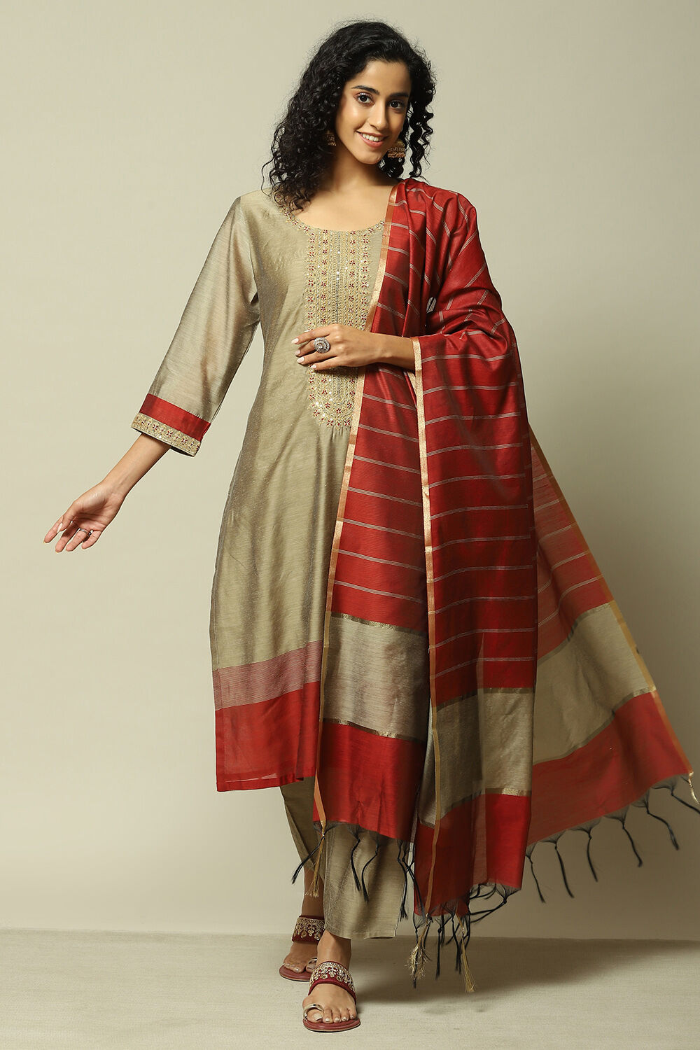 Ecru Viscose Straight Printed Kurta Palazzo Suit Set image number 0