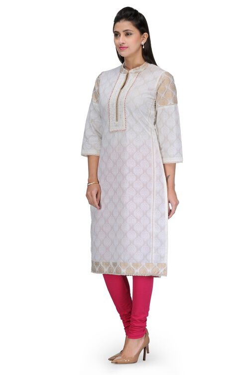 Off White Cotton Straight Kurta image number 2