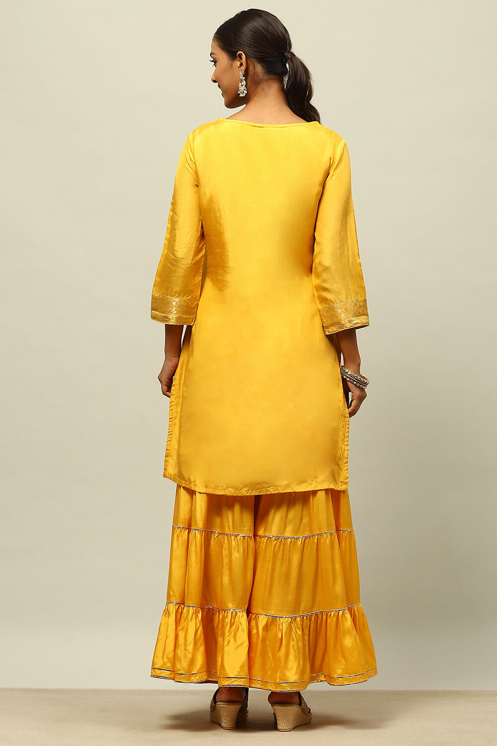 Mustard Yellow Viscose Blend Straight Yarn Dyed Kurta Sharara Suit Set image number 4