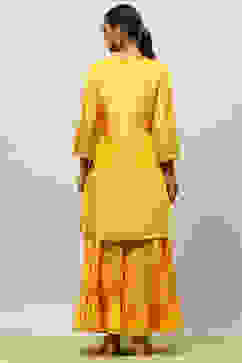 Mustard Yellow Viscose Blend Straight Yarn Dyed Kurta Sharara Suit Set image number 4