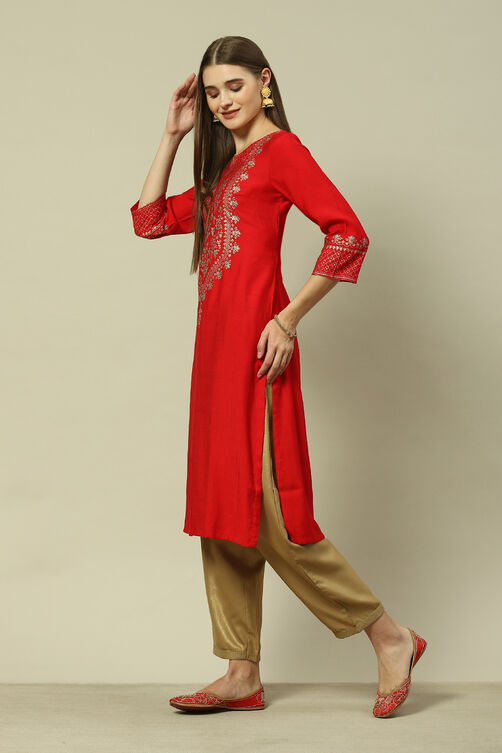 Red LIVA Straight Printed Kurta image number 2