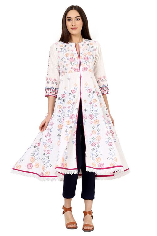 White Kalidar Cotton Kurta image number 0