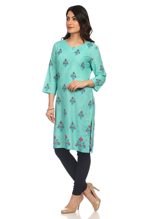 Teal Blue Straight Cambric Cotton Kurta image number 3