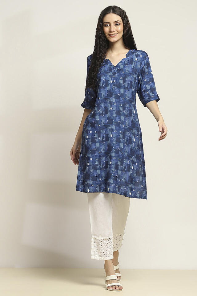 Rangriti Rayon Printed Straight Kurta in Indigo