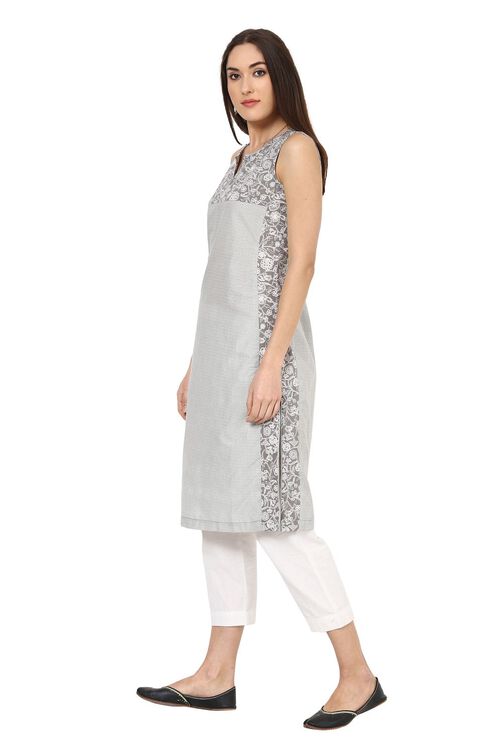 Grey Straight Cotton Kurta image number 4