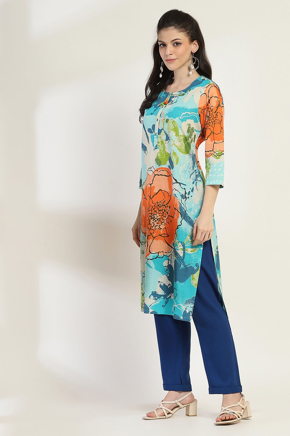 Aqua Cotton Printed Straight Kurta image number 2