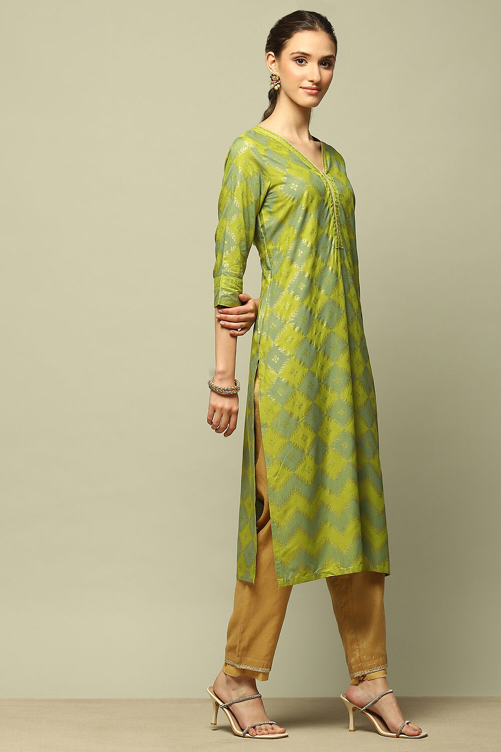 Lime Green Printed Straight Kurta image number 4