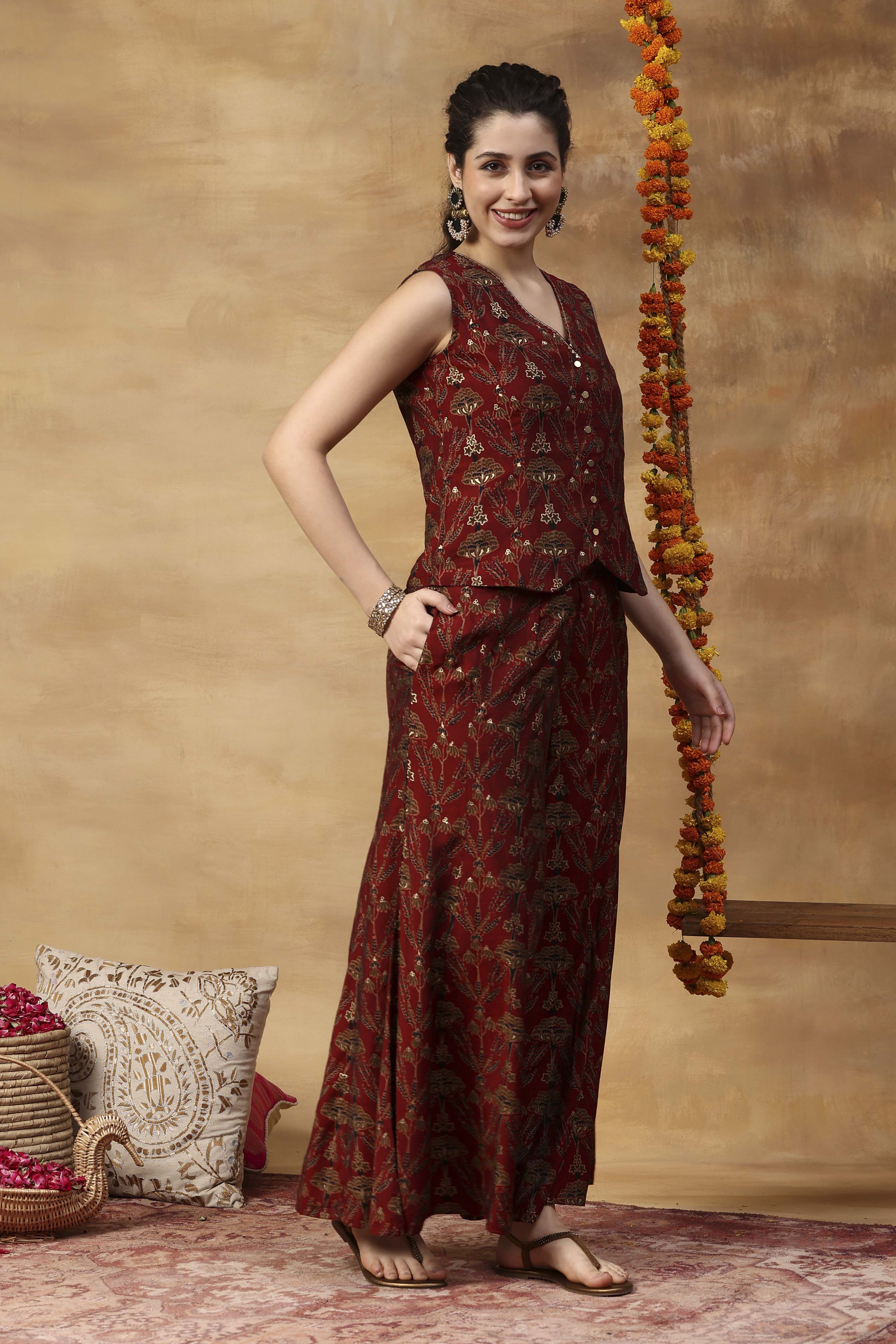 Red Viscose Blend Regular Printed Top Palazzo Set image number 4