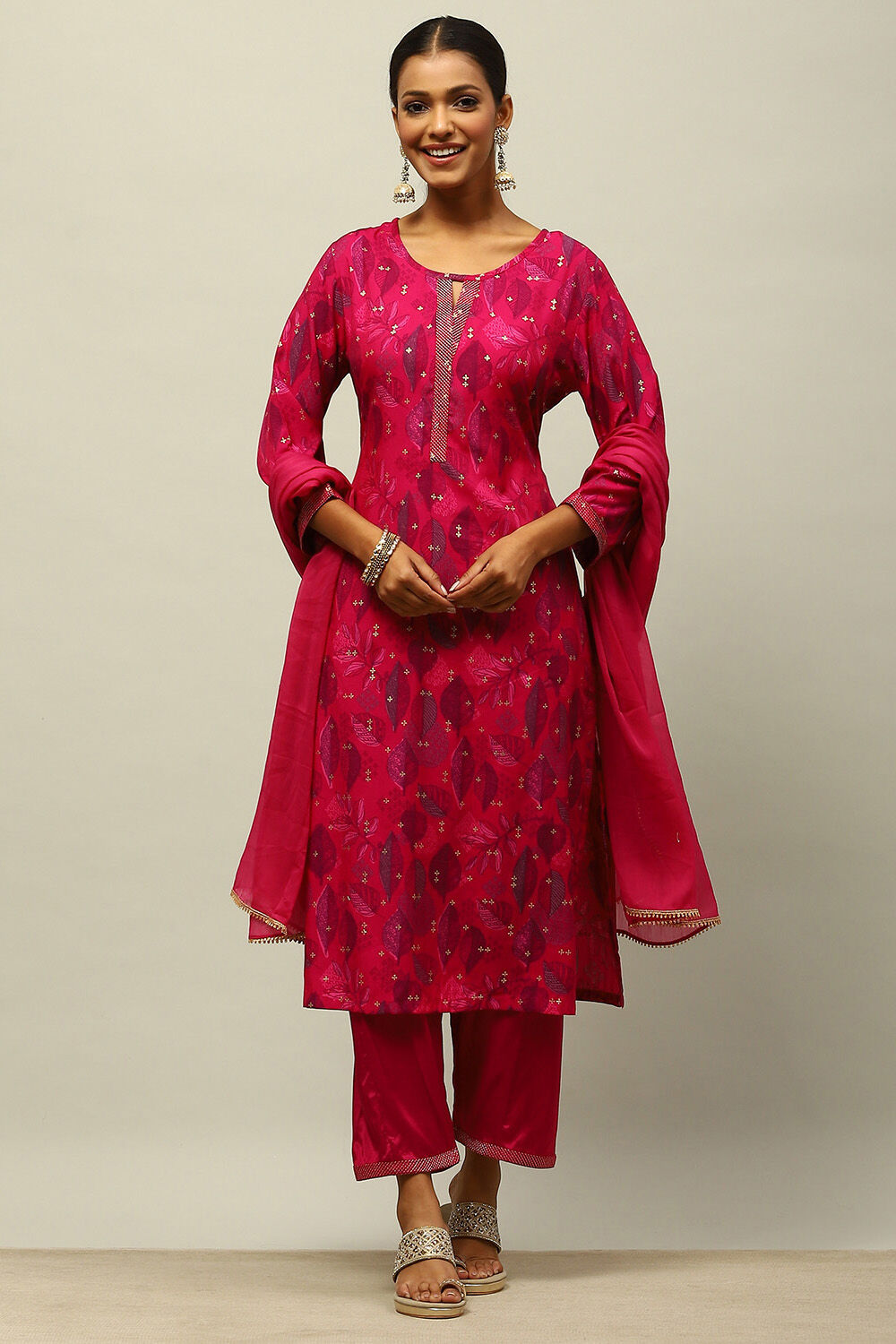 Magenta Printed Straight Suit Set image number 6
