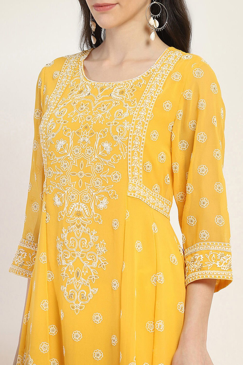 Mustard Yellow Printed Flared Kurta image number 1