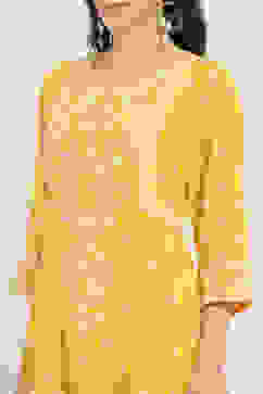 Mustard Yellow Printed Flared Kurta image number 1
