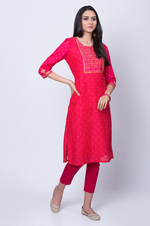 Pink Cotton Straight Kurta image number 2
