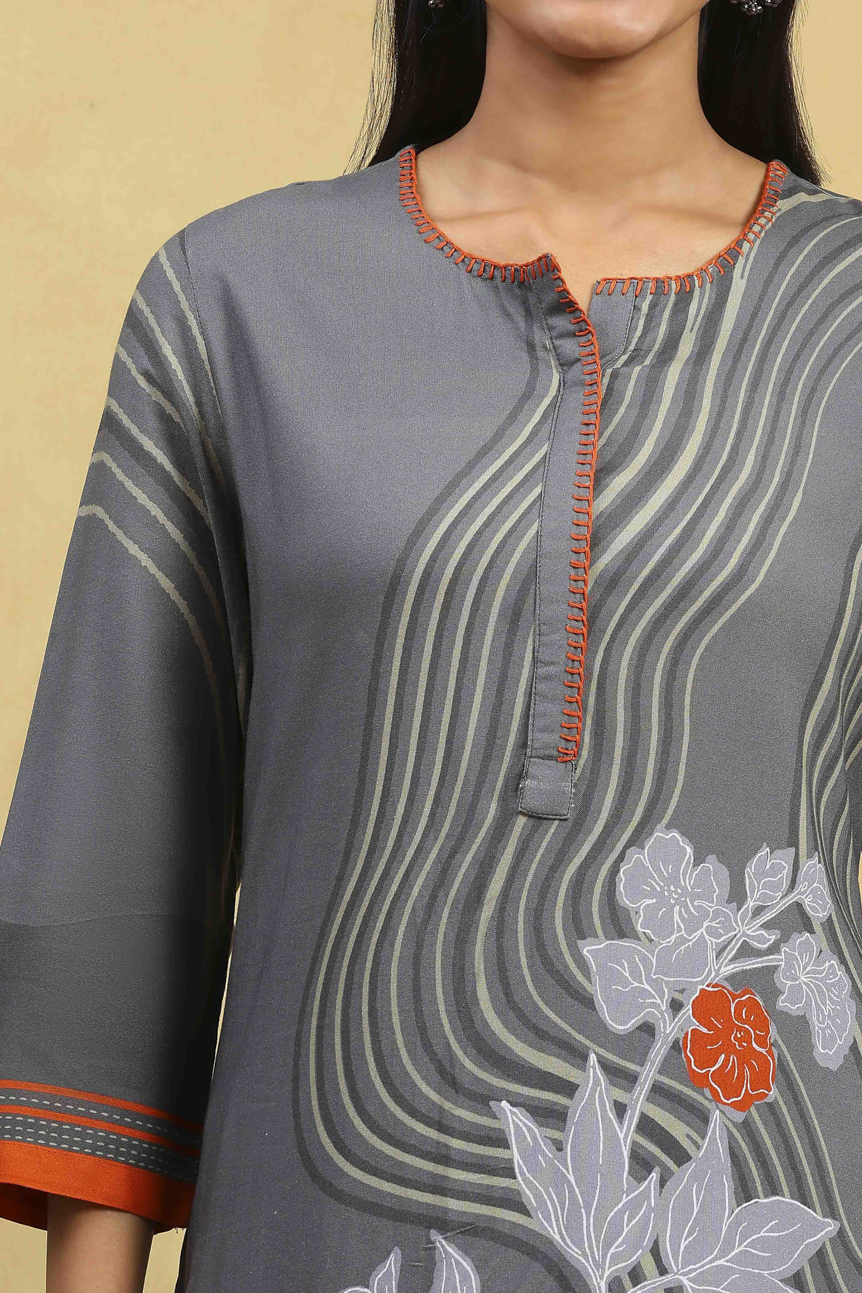 Grey Viscose Rayon Printed Straight Kurta Pants Set image number 1