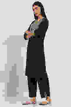 Navy Blue Cotton Blend Straight Kurta Set image number 3