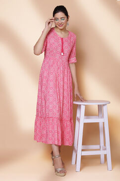 Pink Viscose Rayon Flared Dress image number 0