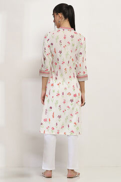 Off-White Cotton Floral Straight Kurta image number 3