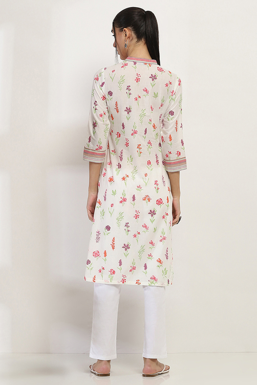 Off-White Cotton Floral Straight Kurta image number 3