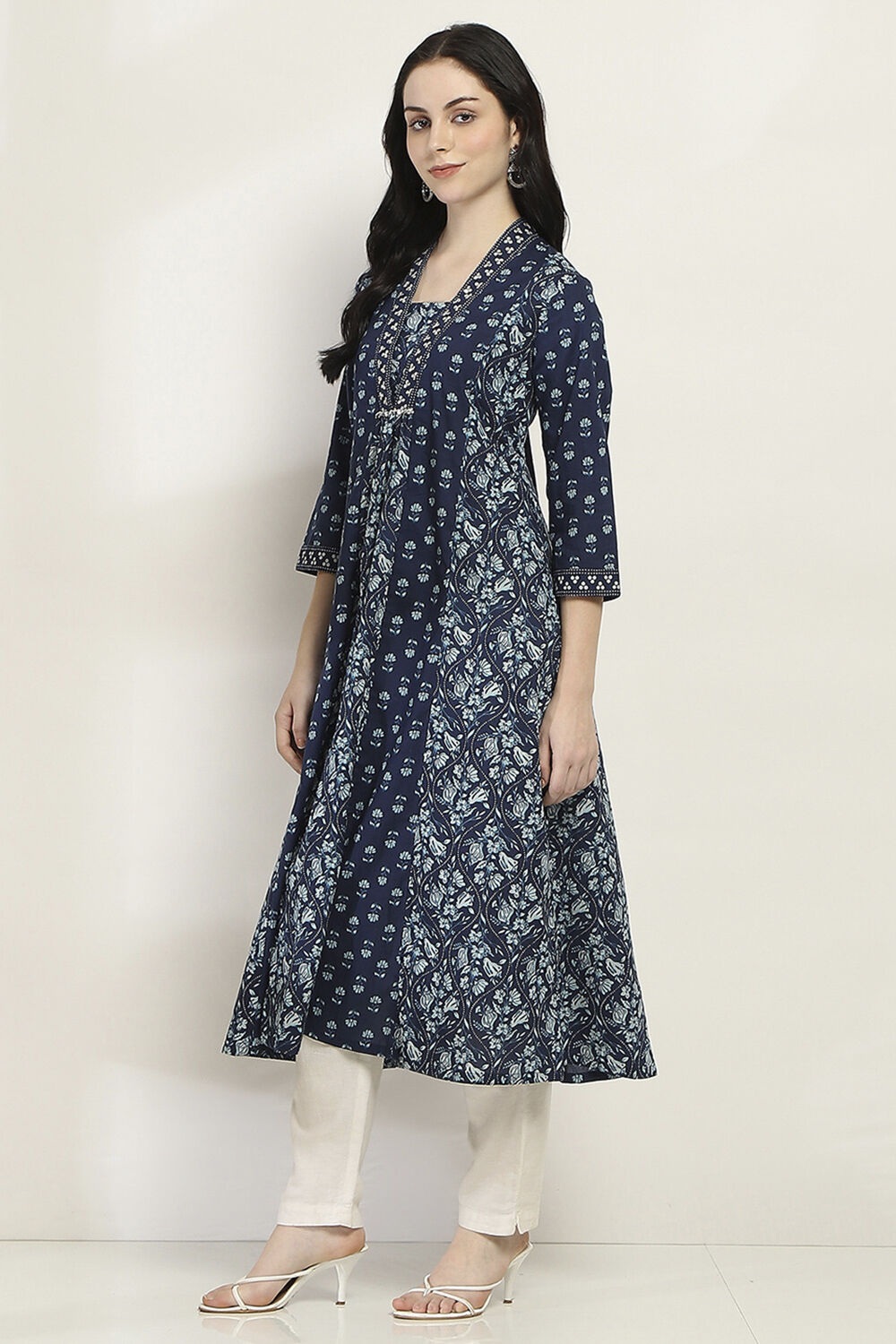 Indigo Cotton Printed A-Line Kurta image number 2