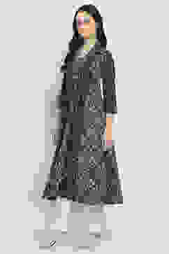 Indigo Cotton Printed A-Line Kurta image number 2