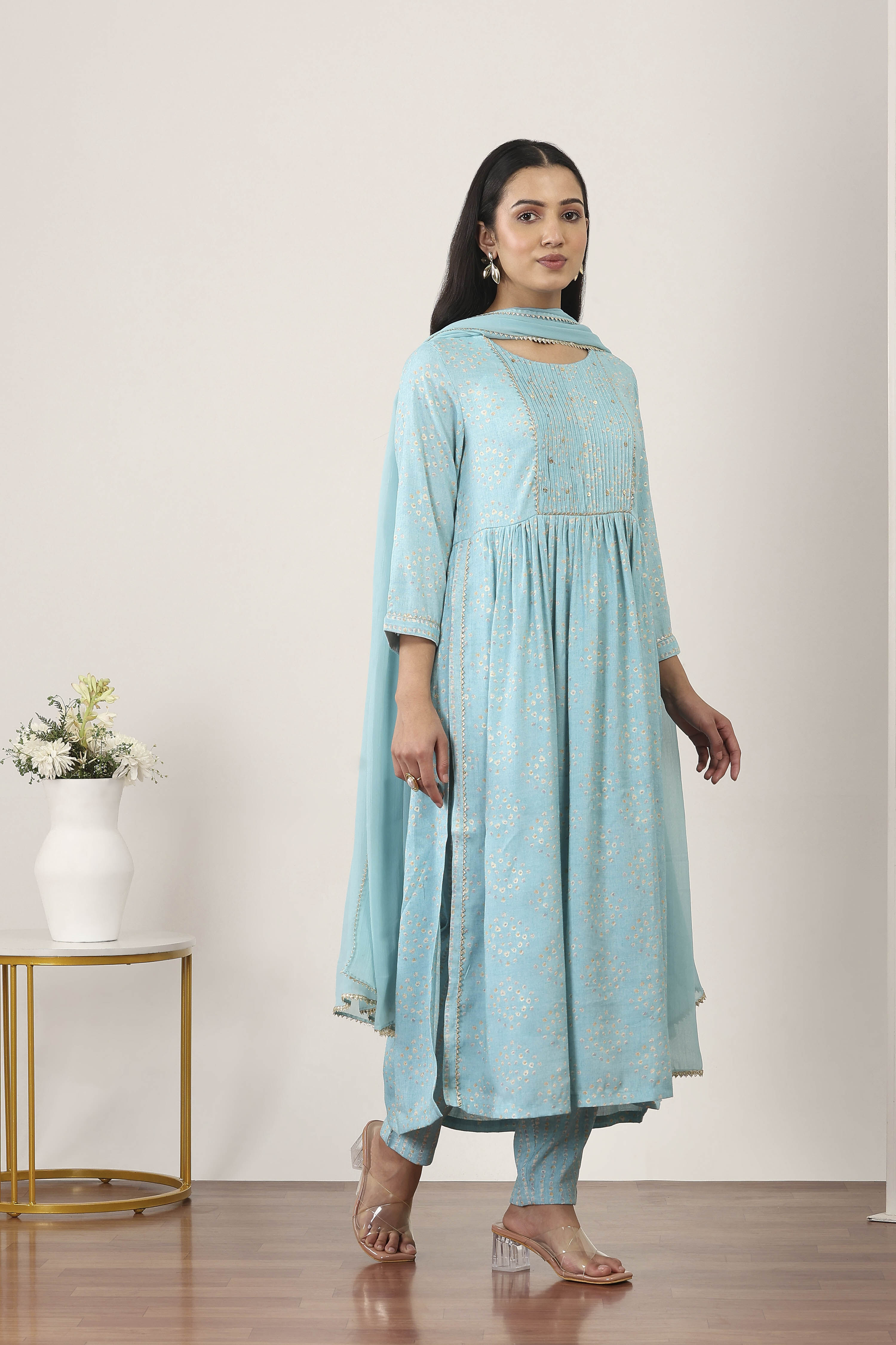 Blue Viscose Polyester Straight Suit Set image number 5