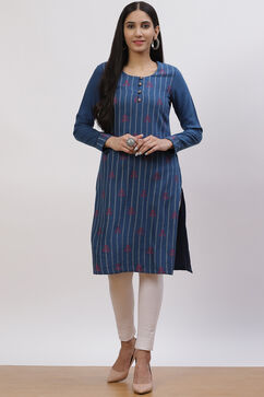 Teal Blue Poly Cotton Straight Kurta image number 5