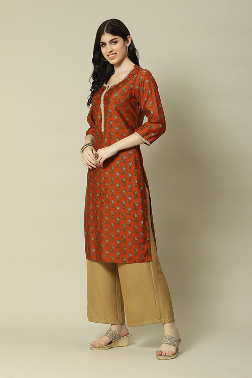 Orange LIVA Straight Printed Kurta image number 2