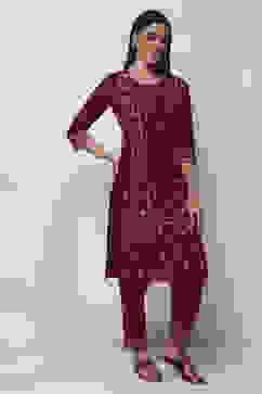 Maroon Cotton Printed Straight Kurta image number 4