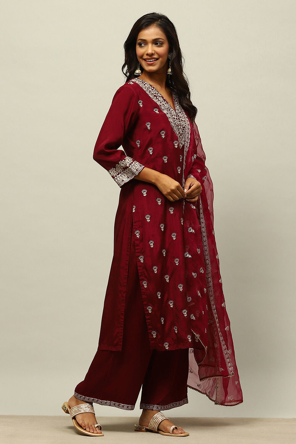 Wine Viscose Shantoon Straight Embroidered Kurta Palazzo Suit Set image number 5