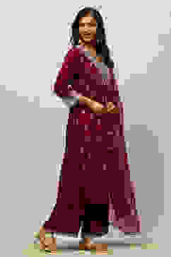 Wine Viscose Shantoon Straight Embroidered Kurta Palazzo Suit Set image number 5