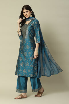 Teal Blue LIVA Straight Printed Suit Set image number 5